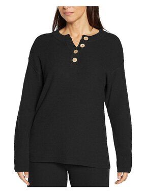 Three Dots Womens Long Sleeve Front Button Parma Henley Top Black Size M NWT